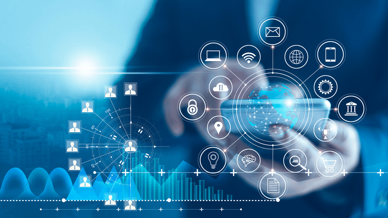 Abstract blue technology wave representing AI-supported financial planning.